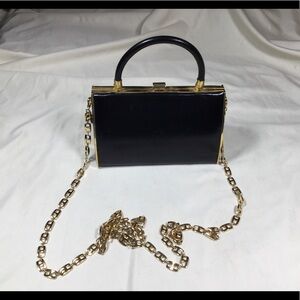 Vintage St John Black Leather Mini Top Handle Evening Bag with Chain Strap